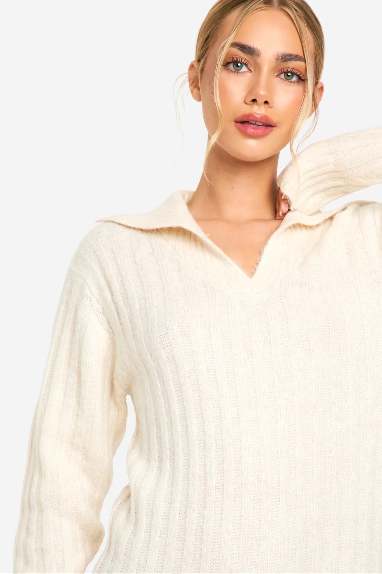 Cream Knit Collared Midi Dress