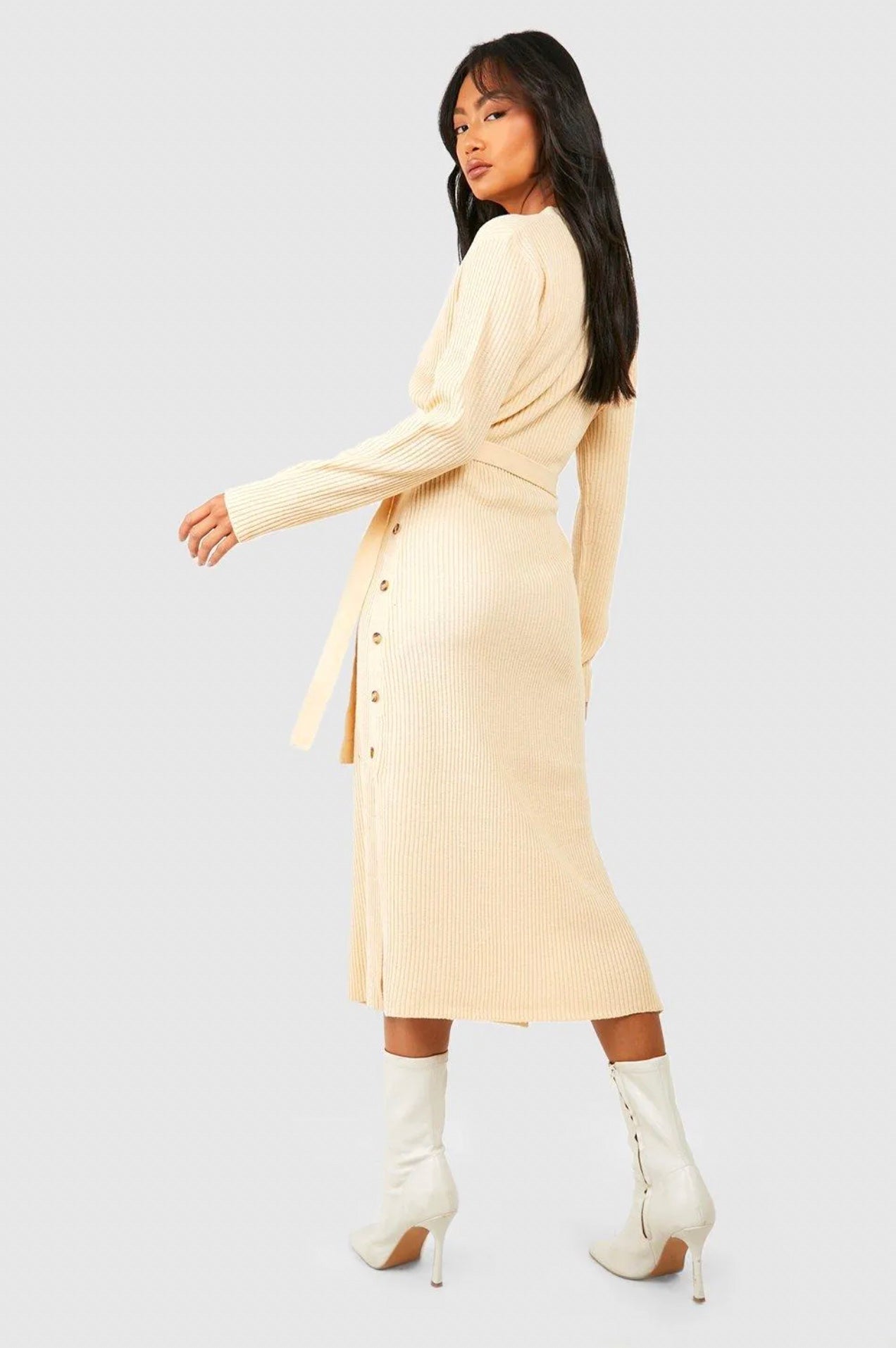 Cream Ribbed Wrap Midi Dress