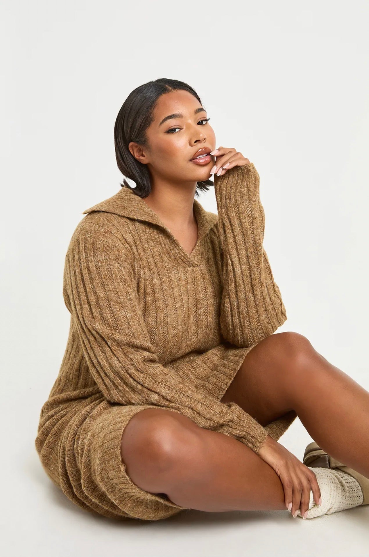 Ribbed Knit Collared Midi Dress