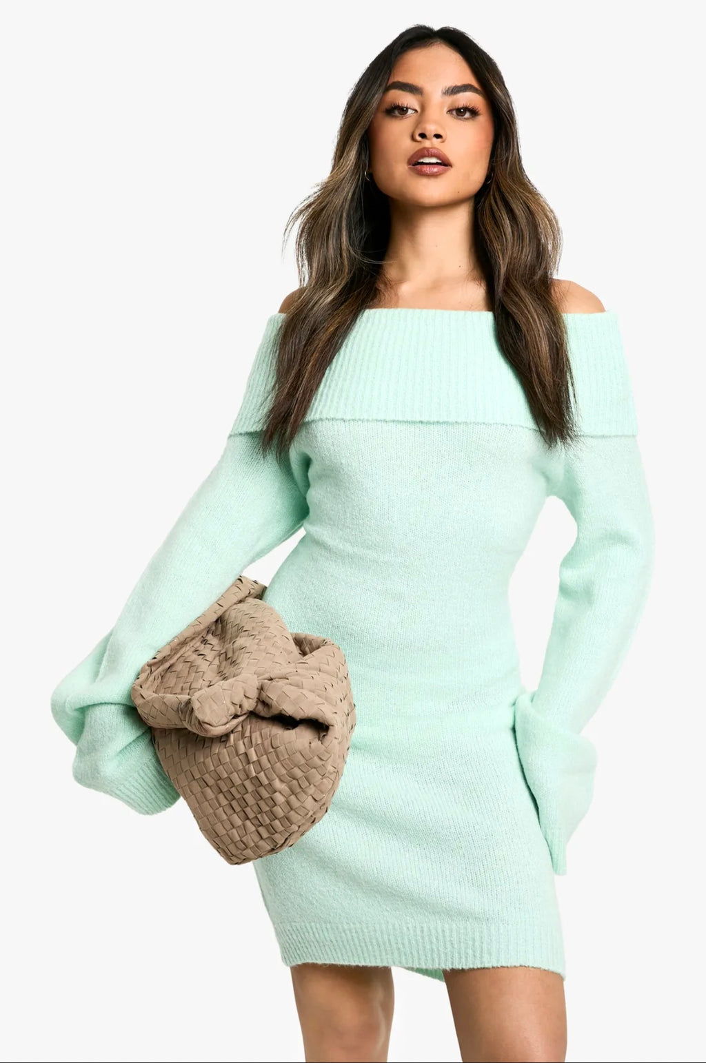 Mint Off-Shoulder Knit Mini Dress